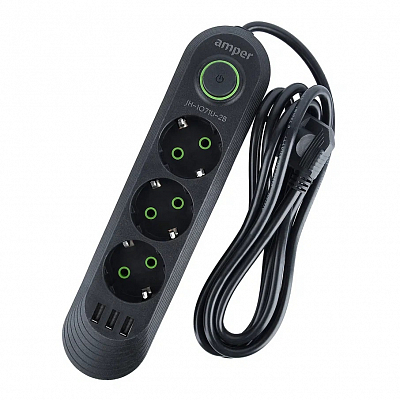 Удлинитель с USB 2 метра, 3 розетки + 3USB AMPER 10А, 2.5 кВт, черный