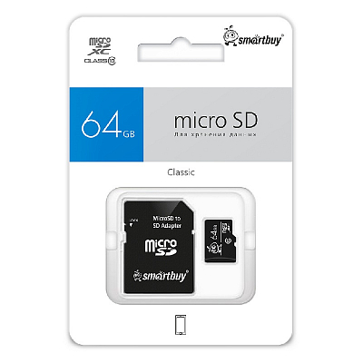 Карта памяти microSDXC Smartbuy 64Gb (Class 10, UHS-I, U1) + адаптер