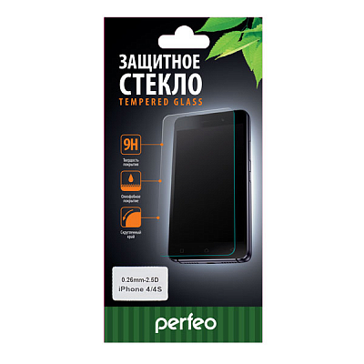 Стекло для iPhone 4 прозрачное, 2.5D, 0.26 мм, Perfeo, картонная упаковка