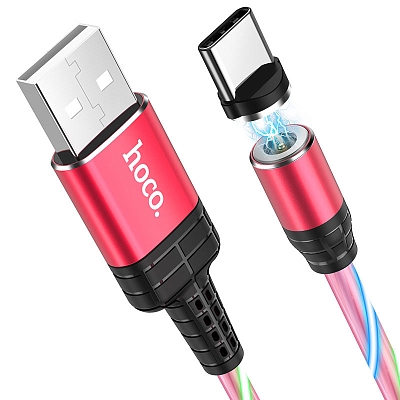  Магнитный hoco U90 USB вилка - Type-C вилка, 2A, светящийся, красный, 1м