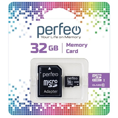 Карта памяти microSD Perfeo 32Gb HC (Class 10, UHS-I) + адаптер