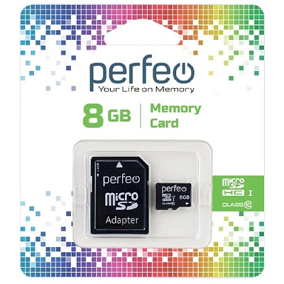 Карта памяти microSD Perfeo 8Gb HC (Class 10) + адаптер