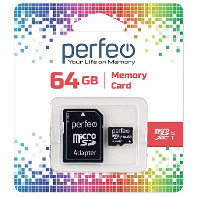 Карта памяти microSDXC Perfeo 64Gb (Class 10, UHS-1) + адаптер