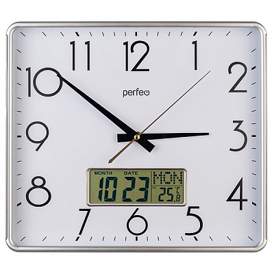 Часы настенные Perfeo  "PF-WC-016", прямоугольные 34*30 см, серебрянный корпус / белый циферблат