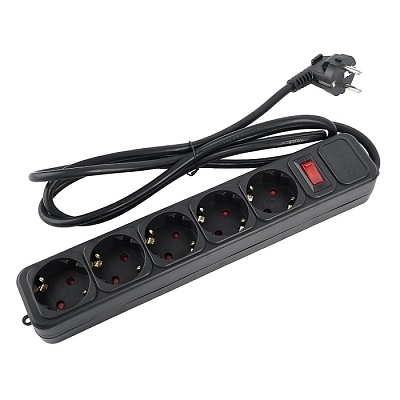 Сетевой фильтр 5 метров, 5 розеток Perfeo REAL POWER 16А, 3.5 кВт, тройная защита, черный