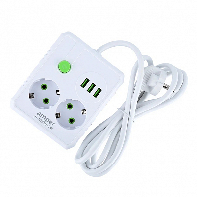 Удлинитель с USB 2 метра, 2 розетки + 3USB AMPER 10А, 2.5 кВт, белый
