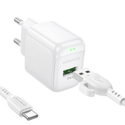 Универсальное сетевое з/у + кабель Type-C 1USB BOROFONE BAS42A QC3.0, 18W, белый