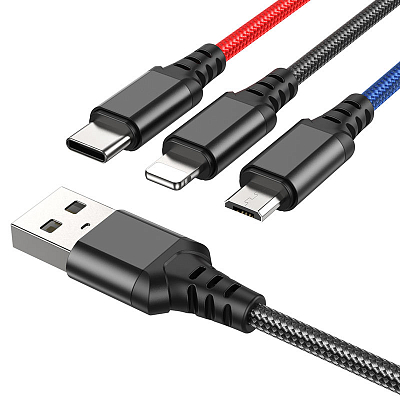 hoco X76 USB вилка - Lightning, microUSB, Type-C вилки, 2A, нейлон, 1м
