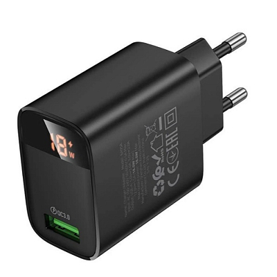 Универсальное сетевое з/у USB BOROFONE BA95A с цифровым дисплеем QC3.0, 18W, 3A, черный