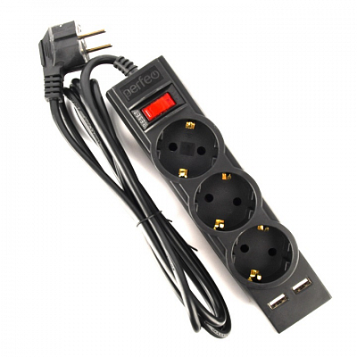 Сетевой фильтр с USB 1.8 метра, 3 розетки + 2USB Perfeo POWER-S 10А, 2.5 кВт, двойная защита, черный