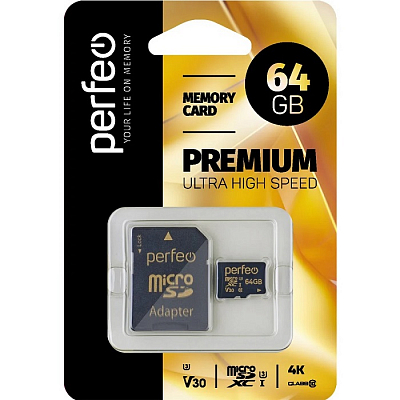 Карта памяти microSDXC Perfeo 64Gb (Class 10, UHS-3, V30) + адаптер