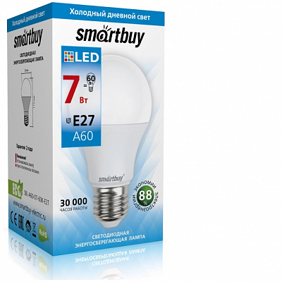 Лампа светодиодная E27 6000K 7W Smartbuy A60 (груша)
