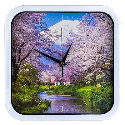 Часы настенные квадратные 28х28см Perfeo PF-WC-004, белый корпус / циферблат Сакура