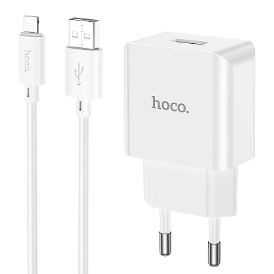 Универсальное сетевое з/у + кабель Lightning 1USB hoco C106A, 10.5W, 2.1А, белый 