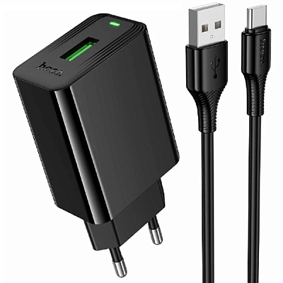 Универсальное сетевое з/у + кабель Type-C 1USB hoco CS92A QC3.0, выход 18W, черный
